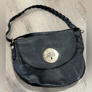 Mulberry Vintage Black Pebble Leather Gold Accent Woven Strap Satchel Bag Purse